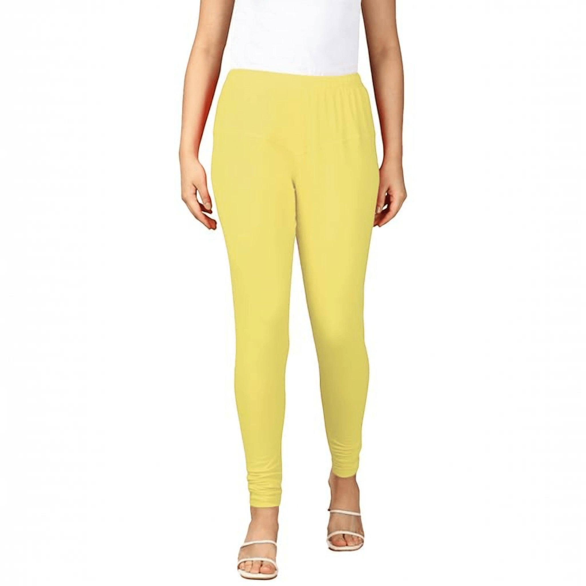 City Center yellow cotton lycra churidar leggings for women, featuring a comfortable stretch fit and pull-on design.