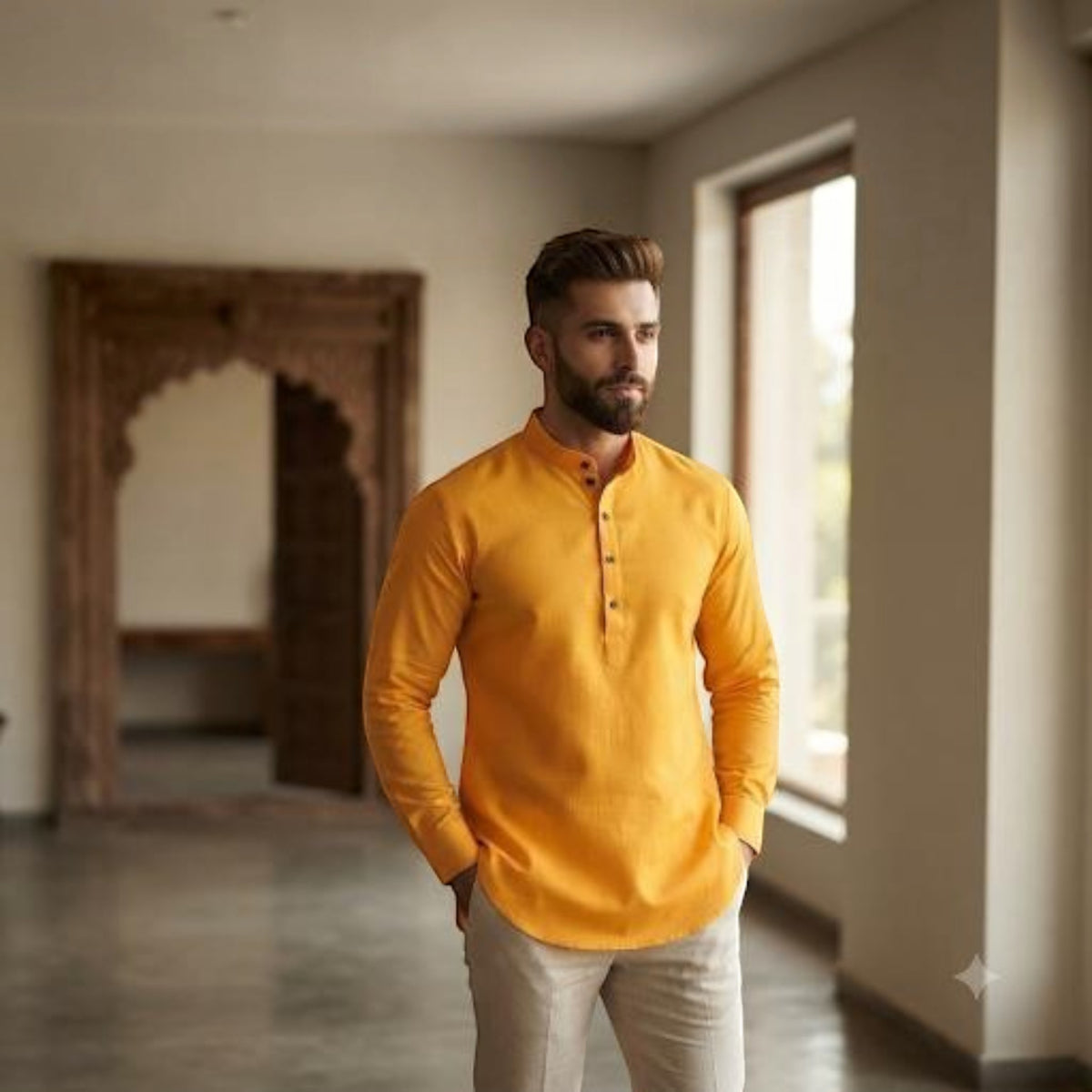 City Center premium yellow long-sleeve cotton kurta worn by a man in a modern interior setting
