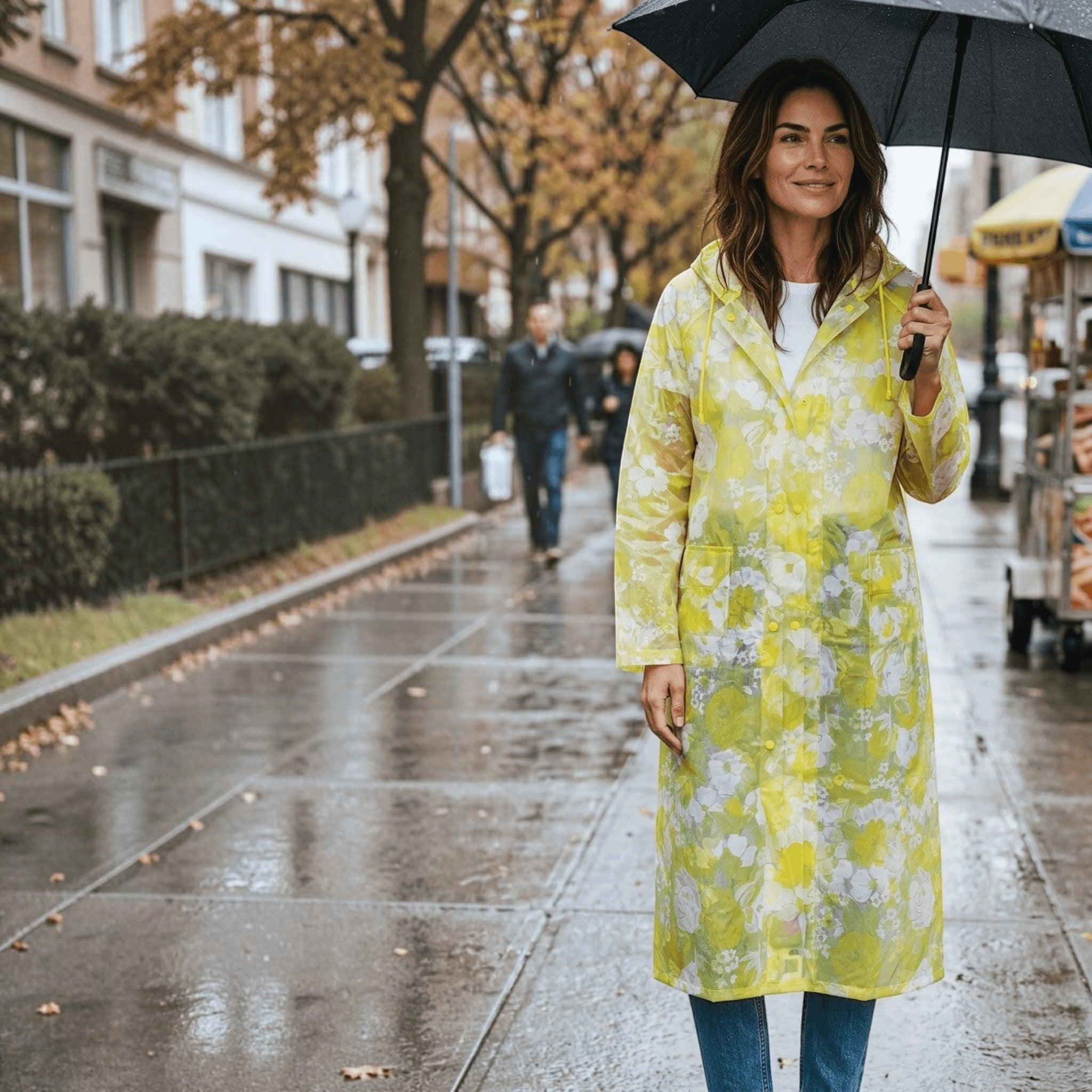 City Center woman wearing a yellow floral transparent EVA raincoat with a hood while holding an umbrella on a city street