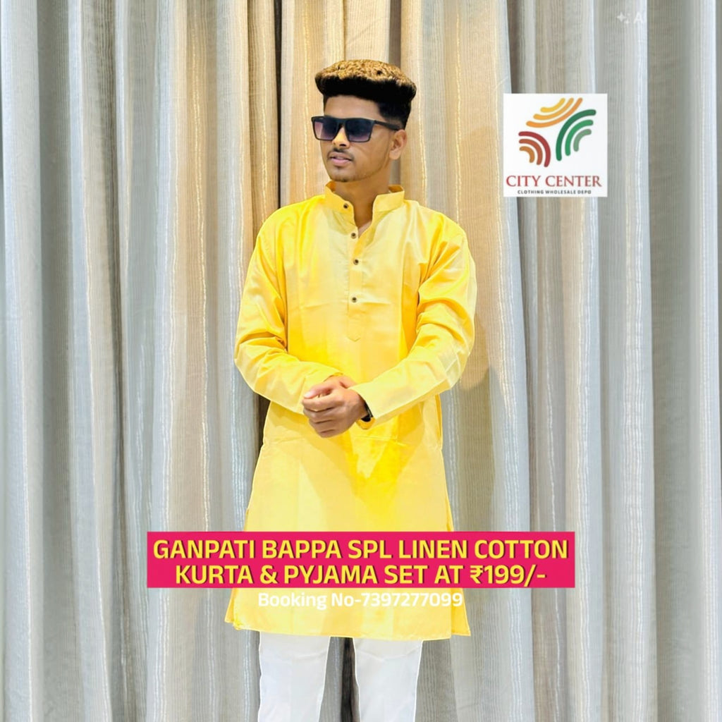 City Center men's yellow kurta and white pant set for Ganpati festival, featuring breathable linen cotton fabric.