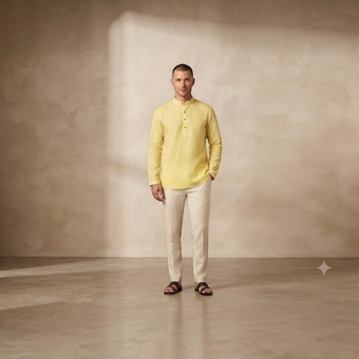City Center men's yellow long-sleeve short kurta with a mandarin collar, worn with beige trousers and sandals.