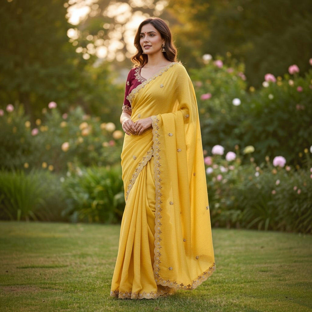 City Center yellow organza saree with intricate beadwork and a contrasting maroon blouse worn by a woman in a garden.
