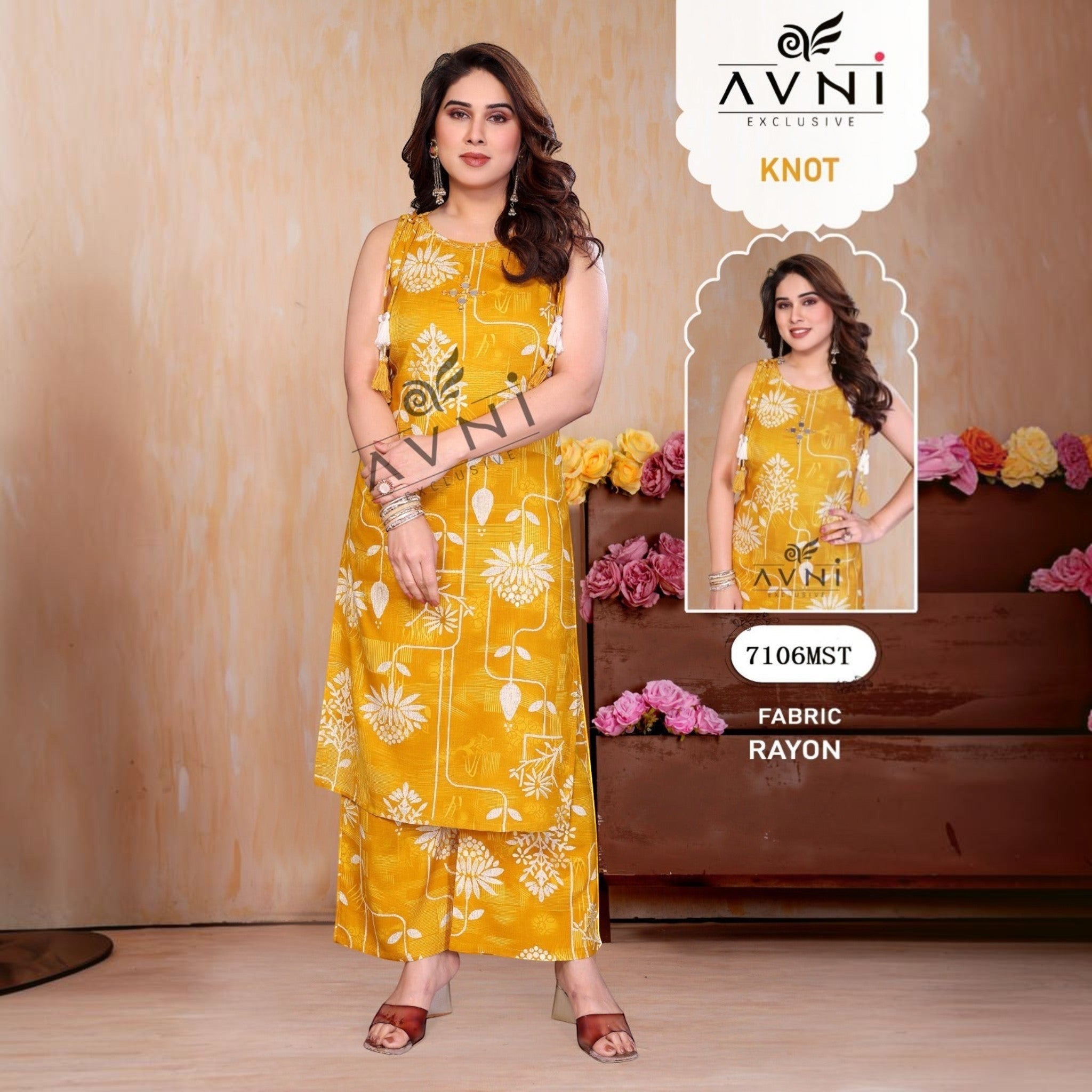 City Center Avni Collection yellow sleeveless rayon co-ord set with white geometric nodes pattern and tassel details
