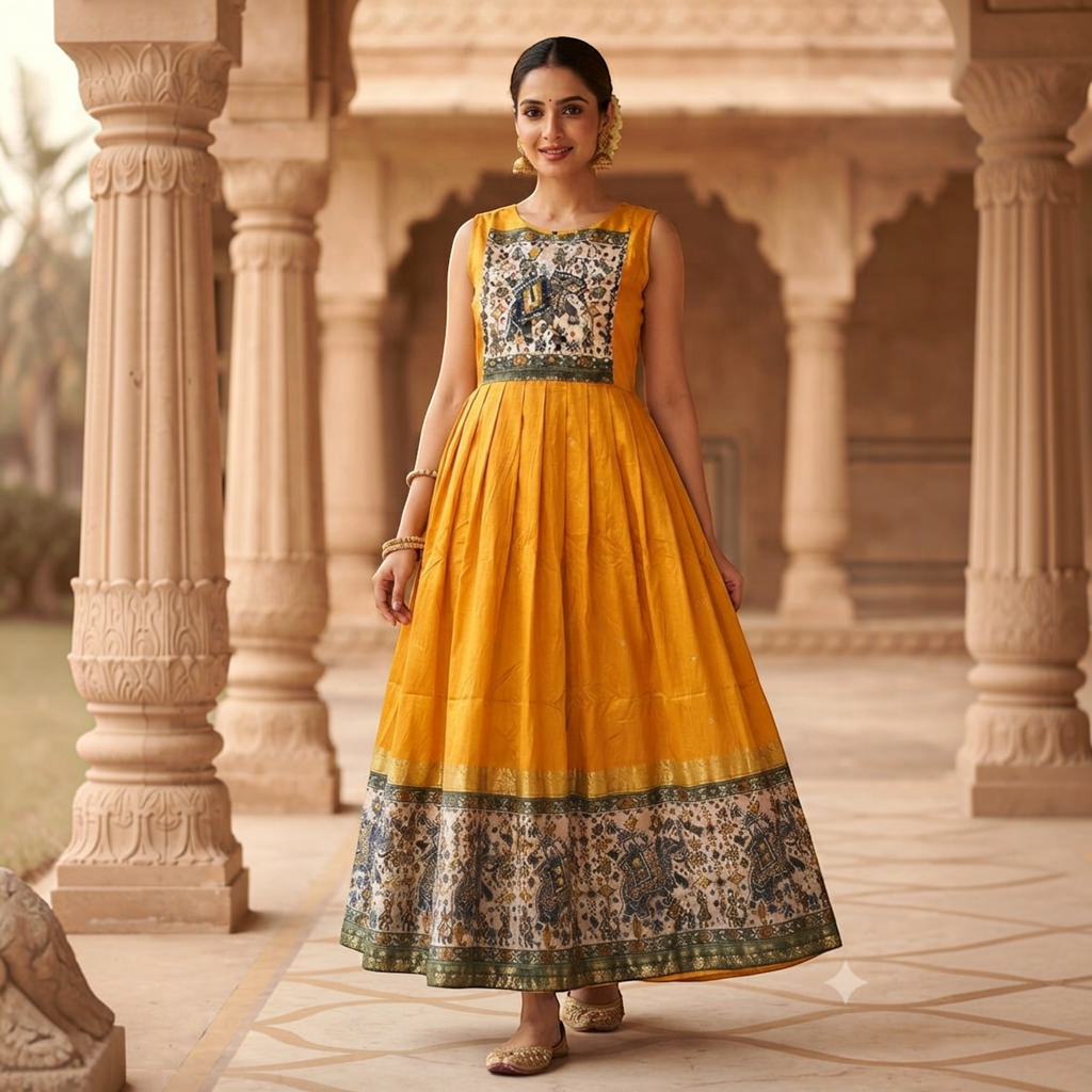City Center yellow traditional one-piece dress with intricate floral and elephant print borders on a model