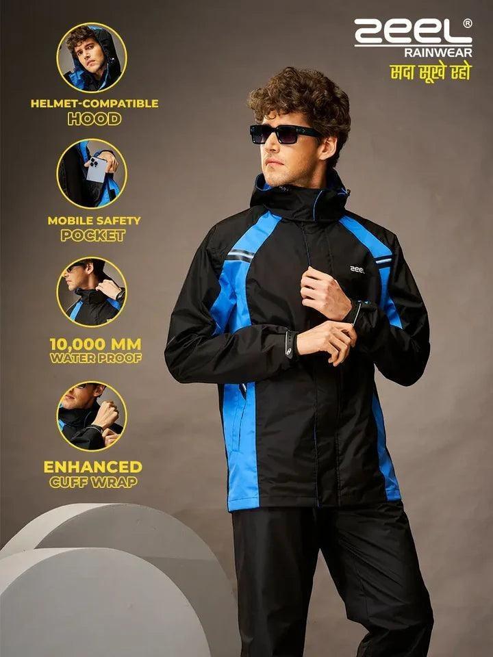 City Center Zeel Go Hike black and blue waterproof rainsuit with helmet-compatible hood and taped seams for bikers.
