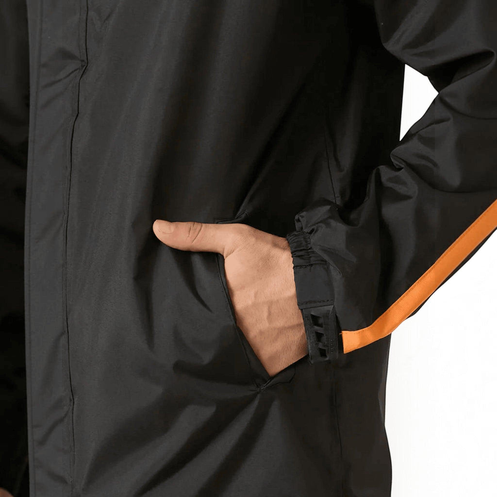 City Center ZEEL premium black waterproof rain jacket with orange sleeve detail and side pocket