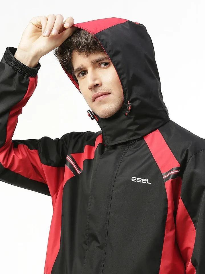 City Center Zeel Go Hike black and red waterproof rainsuit with hood on a male model