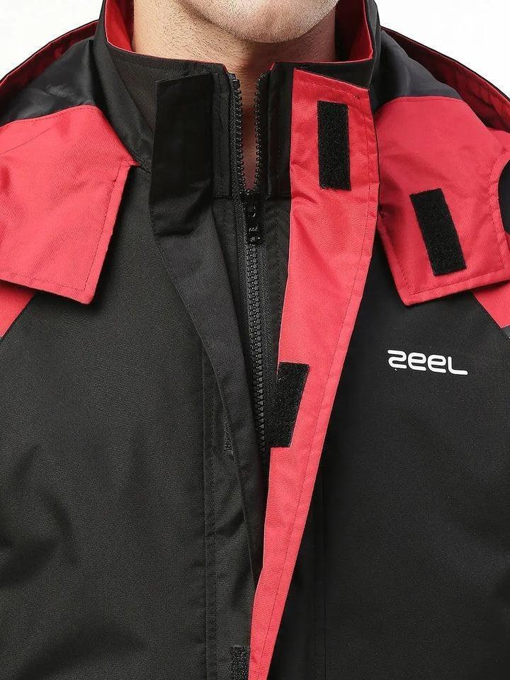 City Center Zeel Go Hike black and red waterproof rainsuit with storm flap and helmet-compatible hood