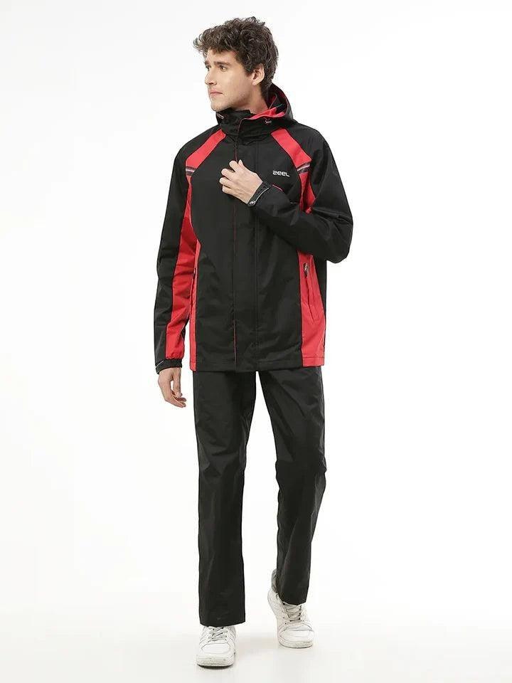 City Center Zeel Go Hike waterproof rainsuit in black and red, featuring a hooded jacket and pants for outdoor use.