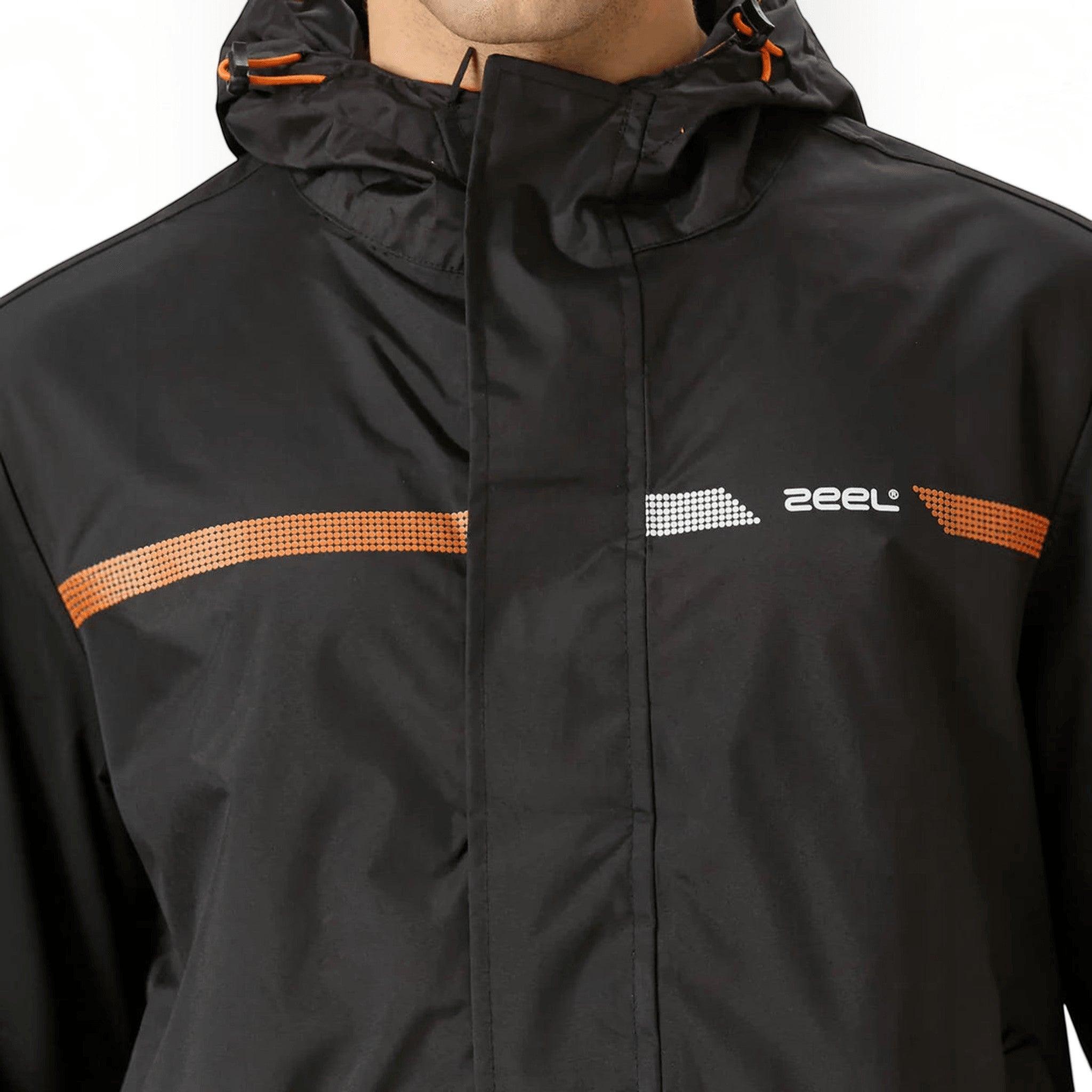City Center ZEEL premium black waterproof rain jacket with orange reflective stripe and adjustable hood