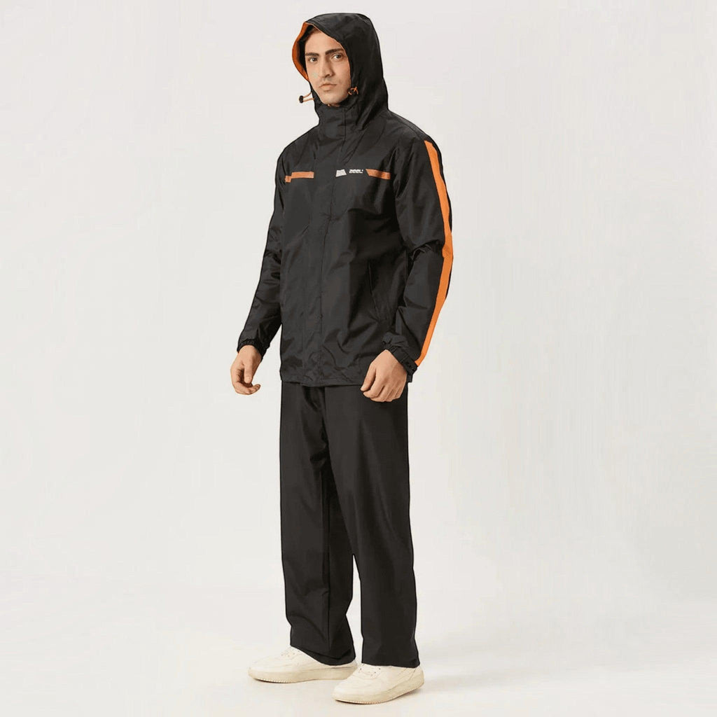 City Center ZEEL premium black waterproof rainsuit with orange side stripes and hood worn by a man
