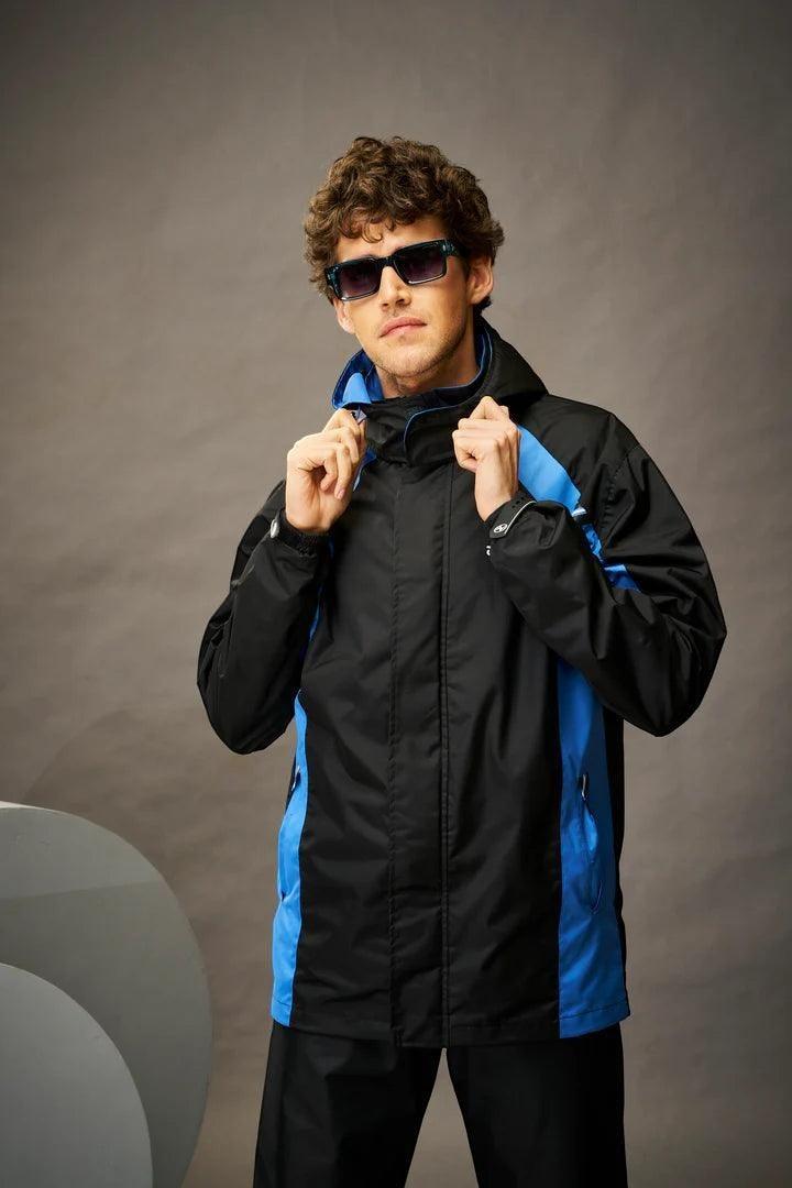 City Center Zeel Go Hike black and blue waterproof rain jacket with hood and storm flap worn by a male model