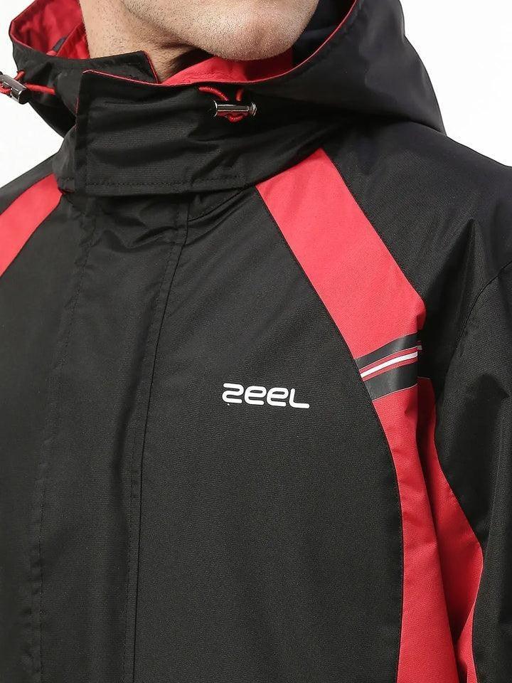 City Center Zeel Go Hike black and red waterproof rainsuit jacket with hood and storm flap for outdoor protection