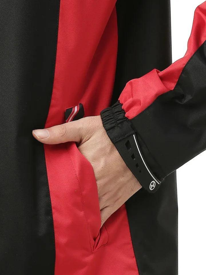 City Center Zeel Go Hike waterproof rainsuit jacket in black and red with a side pocket and adjustable wrist cuff