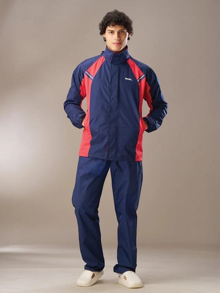 City Center Zeel Go Hike two-piece waterproof rainsuit in navy blue and red for outdoor activities