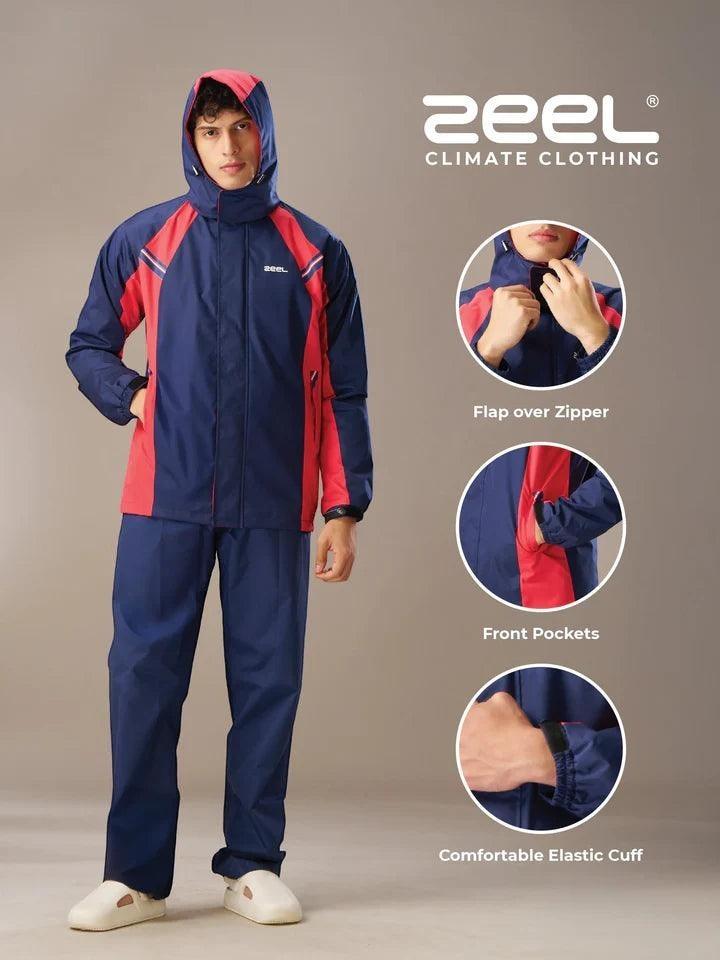 City Center Zeel Go Hike black and blue waterproof rainsuit with hood, storm flap, and elastic cuffs for bikers.