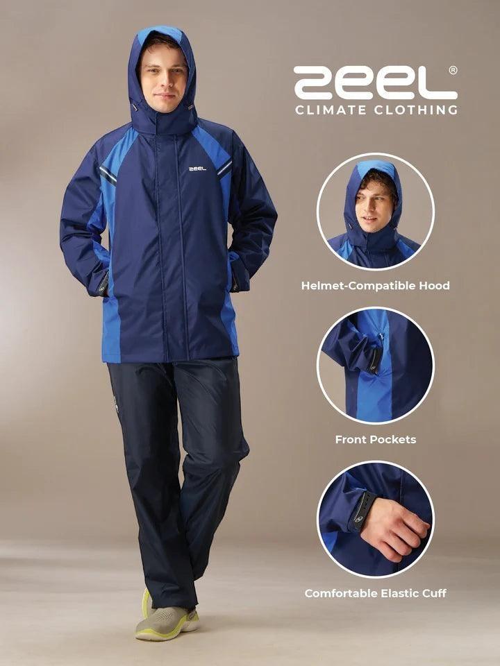 City Center Zeel Go Hike black and blue waterproof rainsuit with helmet-compatible hood and taped seams for bikers.