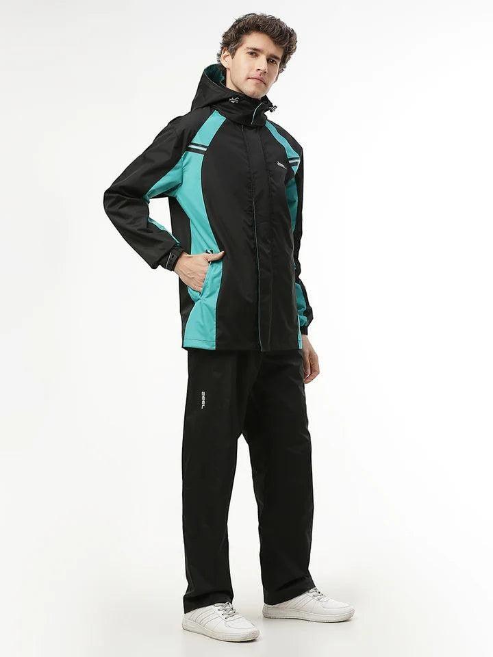 City Center Zeel Go Hike black and blue waterproof rainsuit with hood and taped seams worn by a male model