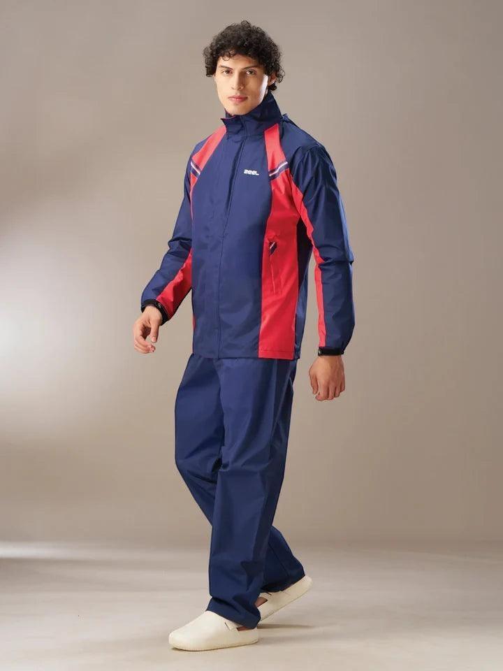 City Center Zeel Go Hike waterproof rainsuit in navy blue and red for bikers with a helmet-compatible hood.