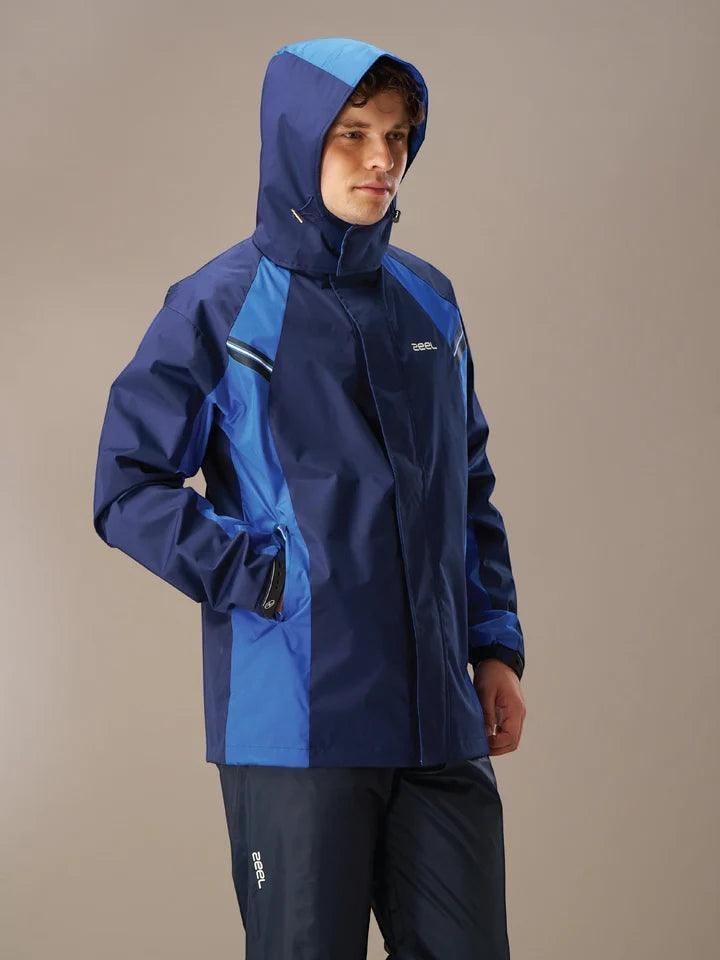 City Center Zeel Go Hike black and blue waterproof rainsuit with hood worn by a male model