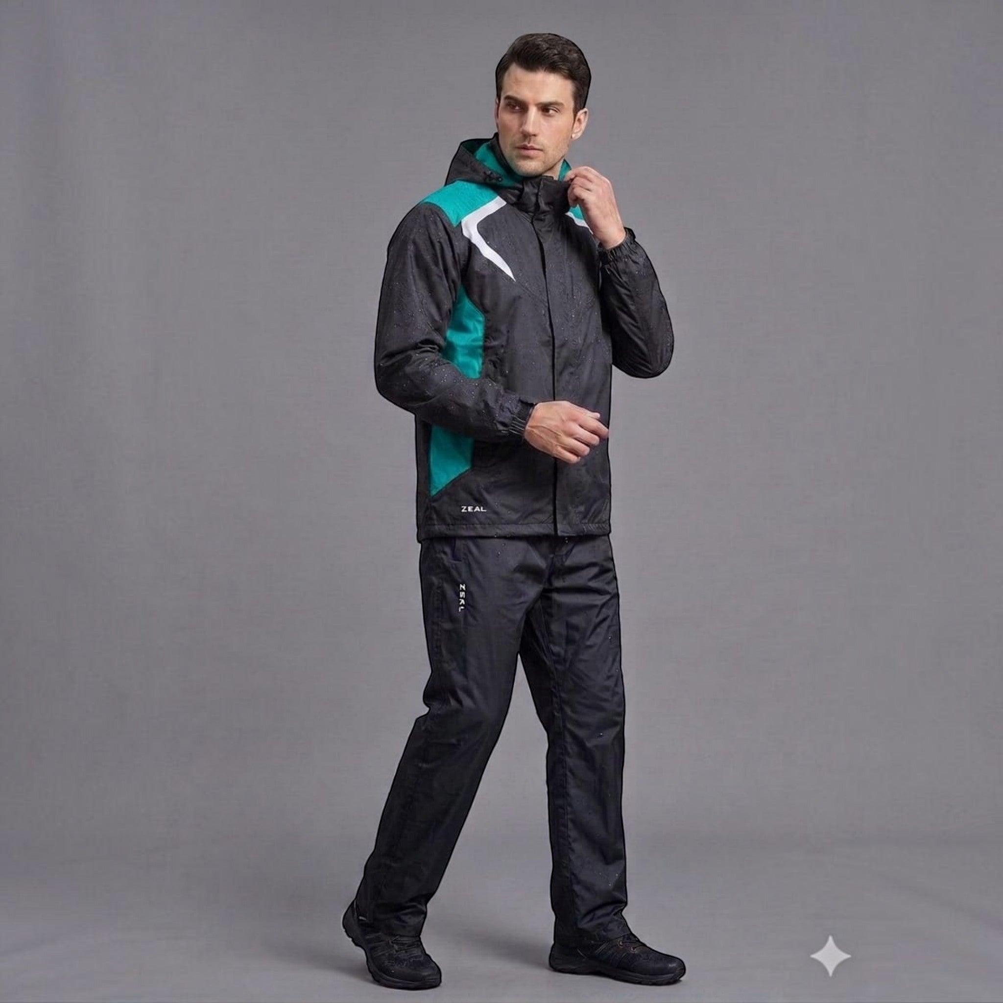 City Center ZEEL JS502 men's waterproof polyester rainsuit in black with teal and white athletic accents