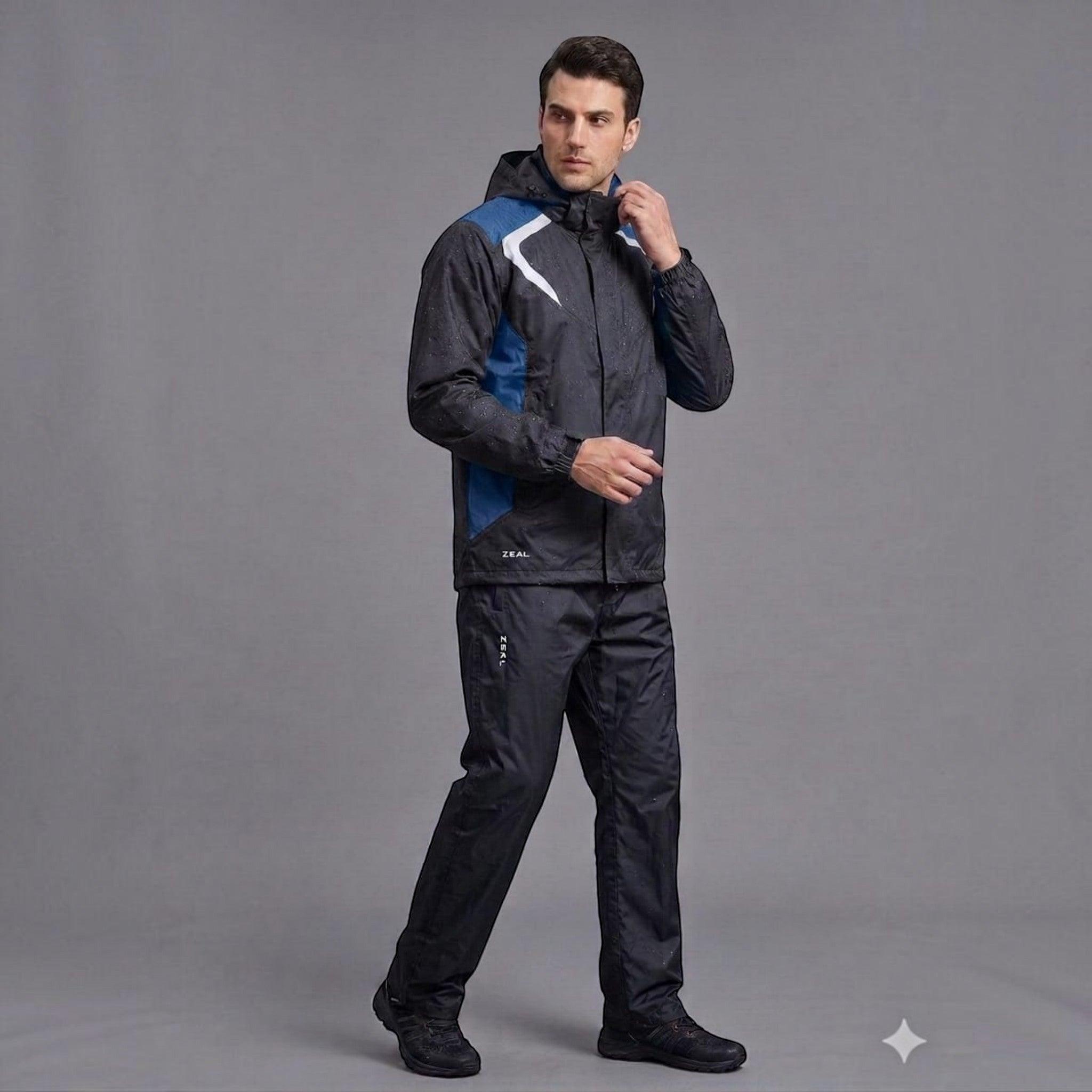 City Center ZEEL JS502 premium men's waterproof polyester rainsuit in black and blue with an adjustable hood.