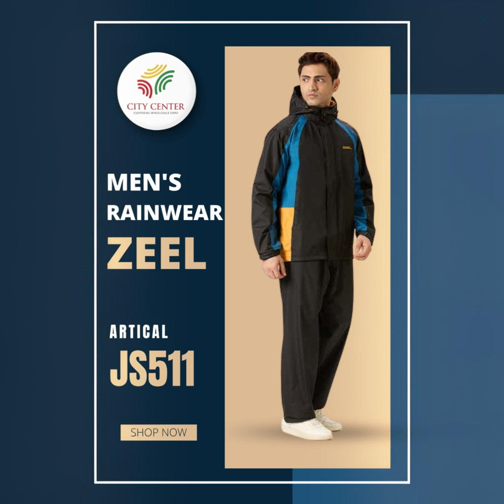 City Center Zeel men's waterproof rainsuit in black and blue colorblock polyester for bike riding and monsoon wear.