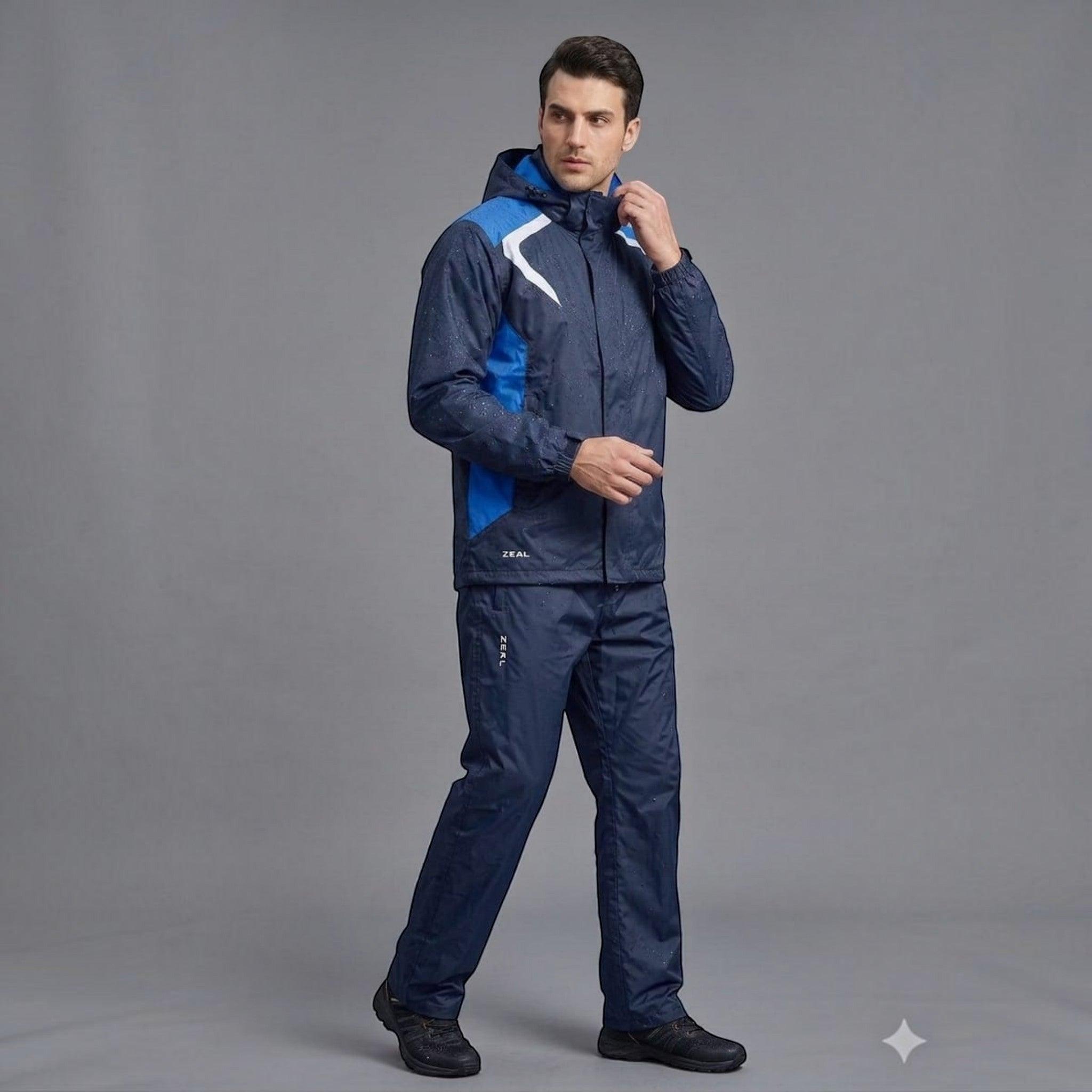 City Center ZEEL JS502 men's waterproof polyester rainsuit in navy blue with athletic accents and adjustable hood