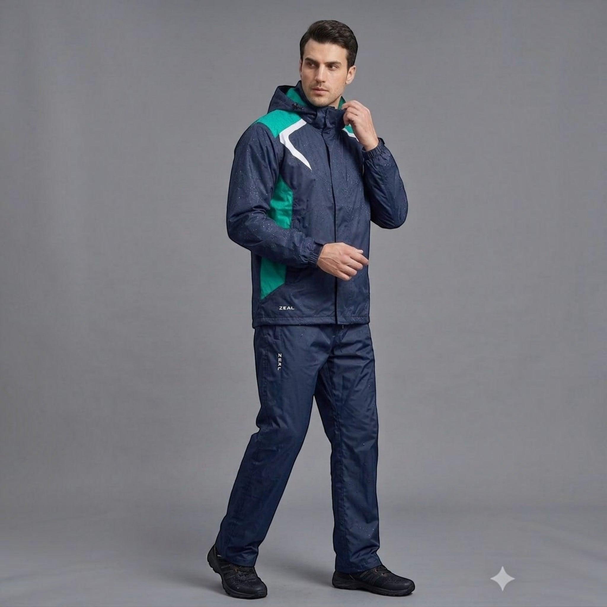 City Center ZEEL JS502 men's navy blue and green waterproof polyester rainsuit with hood and zipper closure.