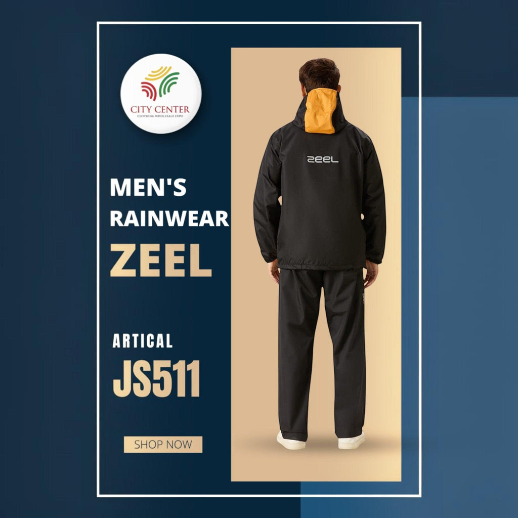 City Center Zeel men's black waterproof rainsuit with yellow hood detail, shown from the back.