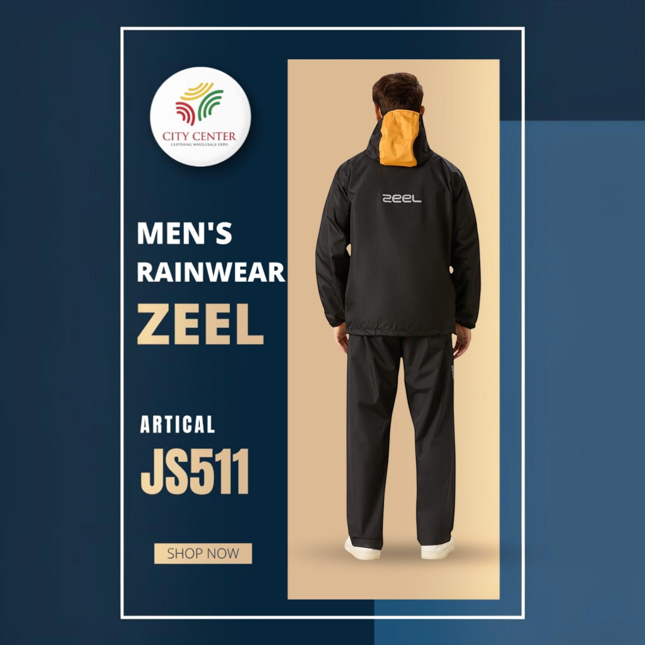 City Center Zeel men's black waterproof rainsuit with yellow hood detail, shown from the back.