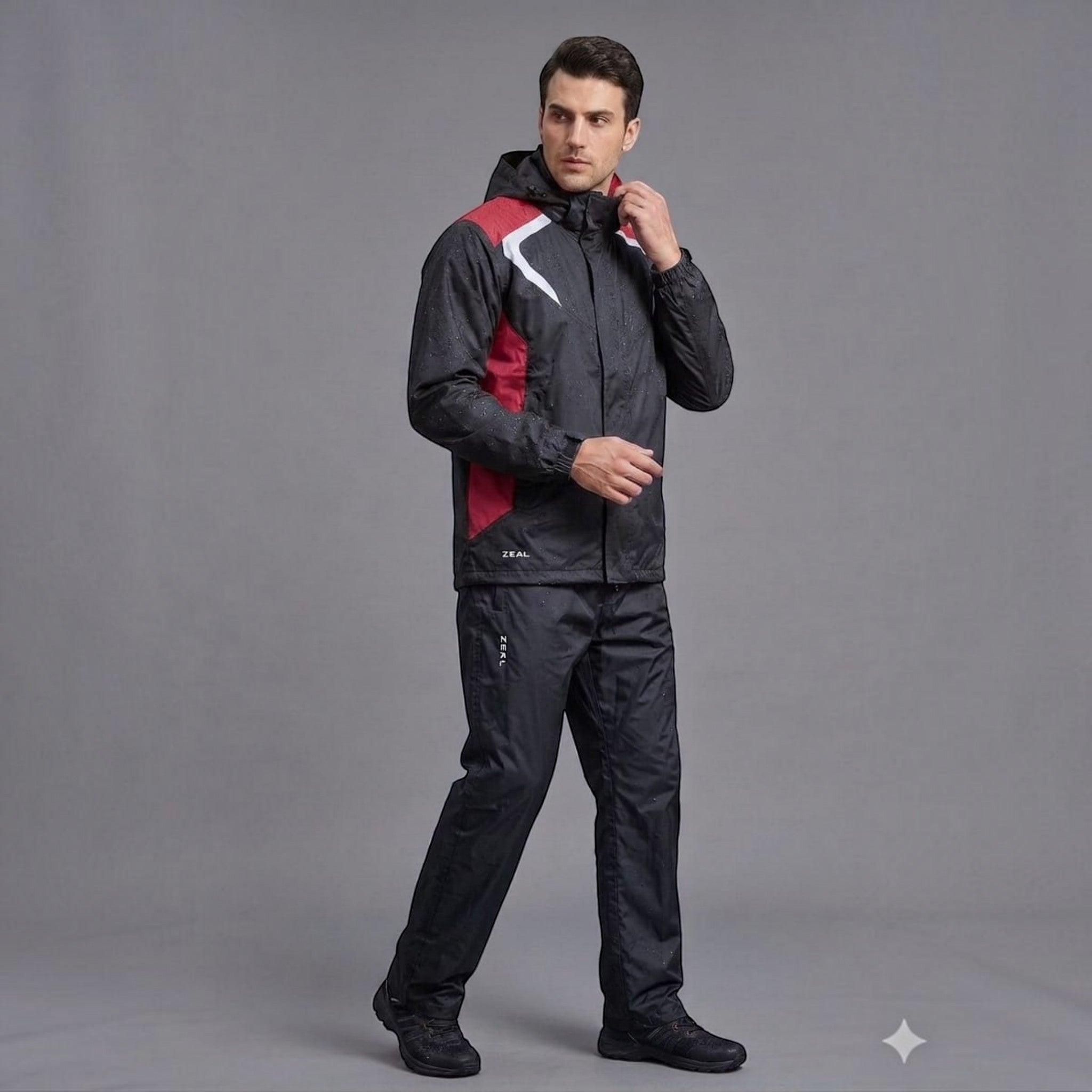 City Center ZEEL JS502 men's waterproof polyester rainsuit in black with red and white athletic accents.