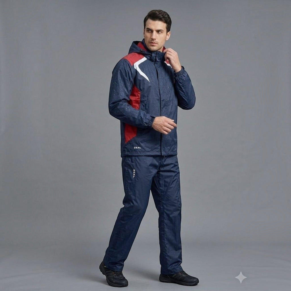 City Center ZEEL JS502 men's navy blue and red waterproof polyester rainsuit with hooded jacket and matching pants.