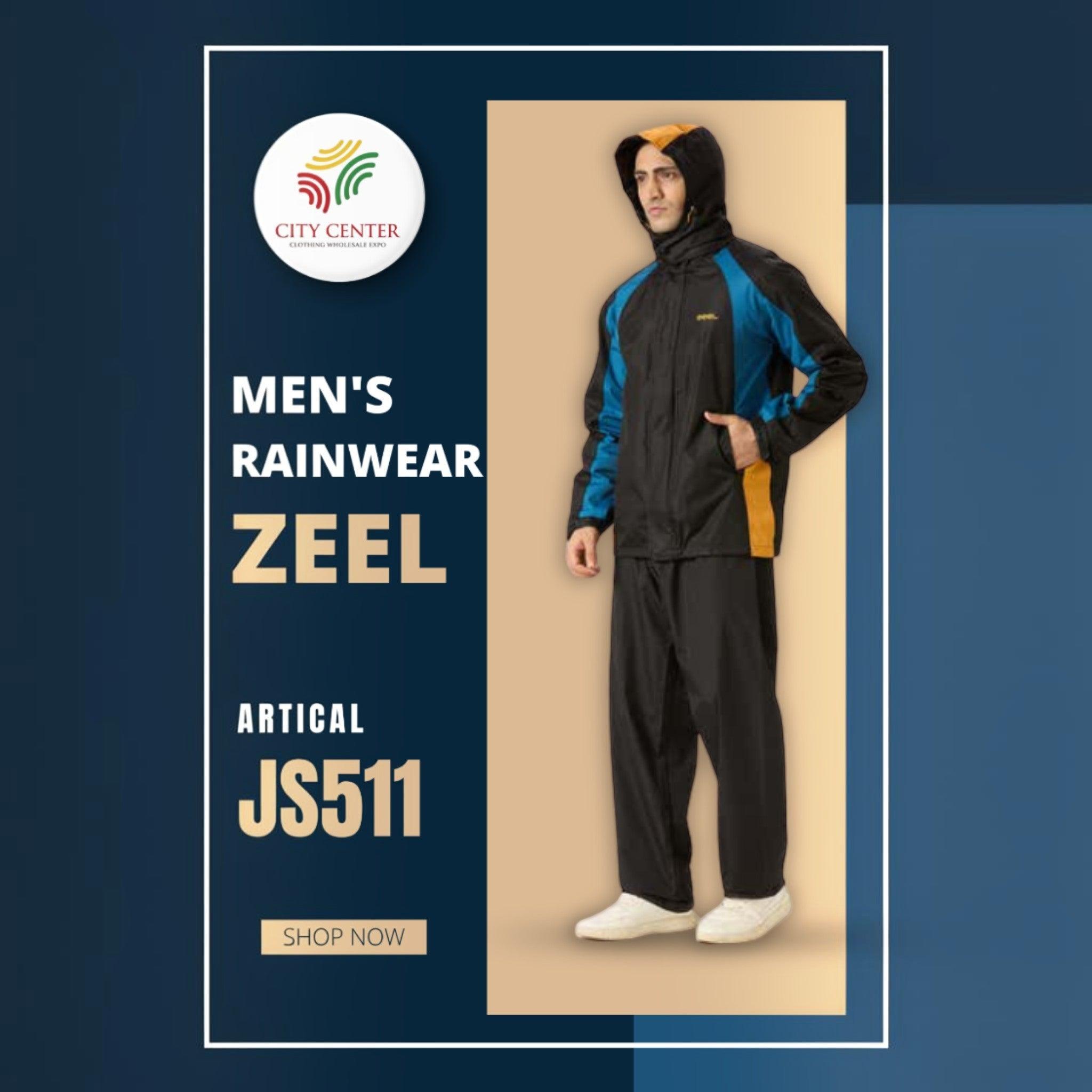 City Center Zeel men's premium waterproof rainsuit in black and blue with a hood, ideal for bike riding and commuting.
