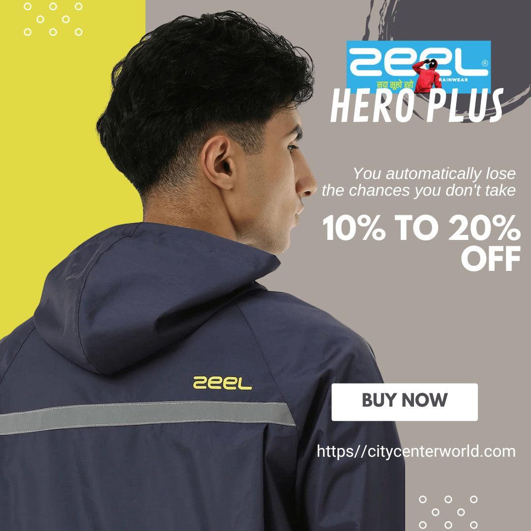City Center Zeel Premium Parachute Raincoat in navy blue with a reflective safety strip and adjustable hood.