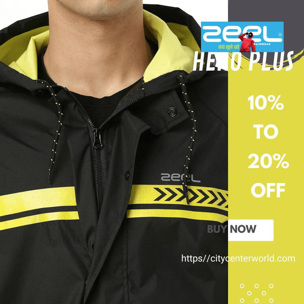City Center Zeel Premium Parachute Raincoat in black with yellow accents, adjustable hood, and reflective stripes.