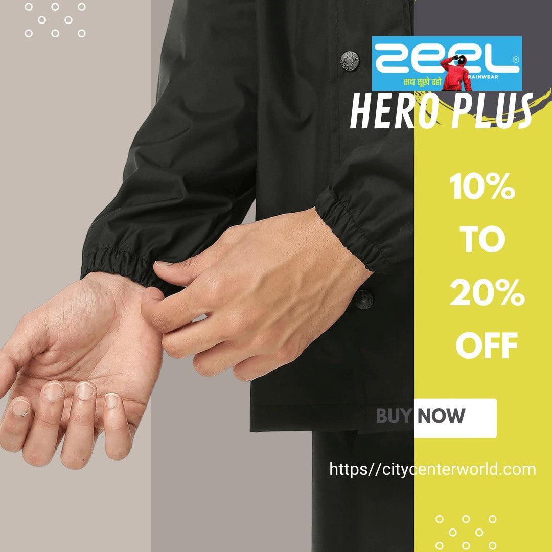 City Center Zeel Premium Parachute Raincoat Hero Plus in black with elastic cuffs for waterproof protection