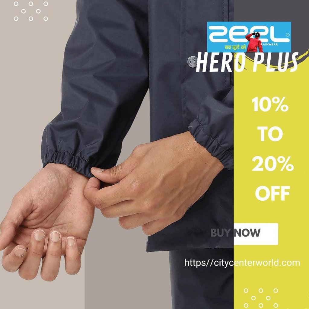 City Center Zeel Premium Parachute Raincoat Hero Plus featuring navy blue waterproof fabric and elasticated cuffs
