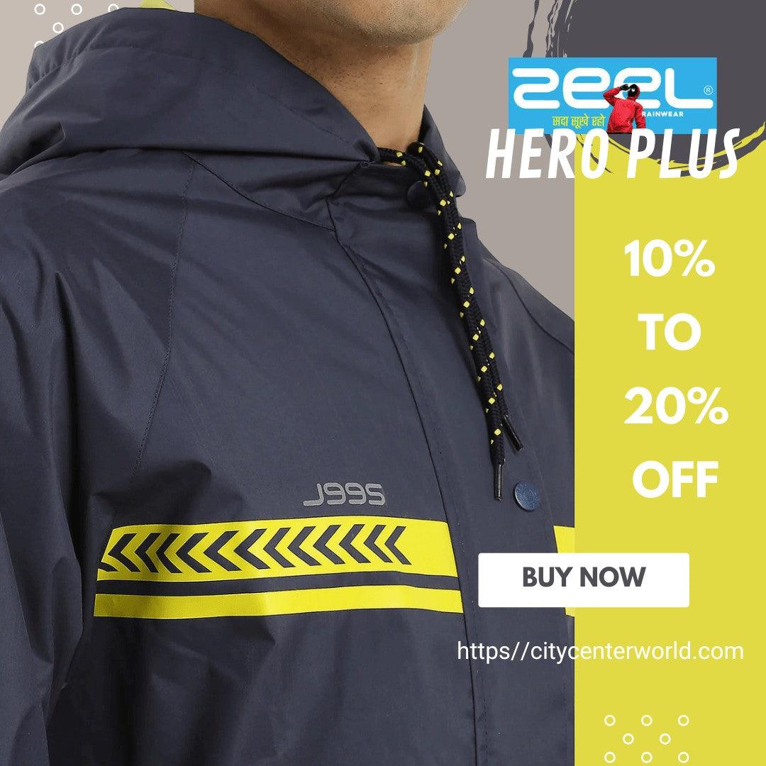 City Center Zeel Premium Parachute Raincoat Hero Plus in navy blue with yellow reflective chevron detail and hood.