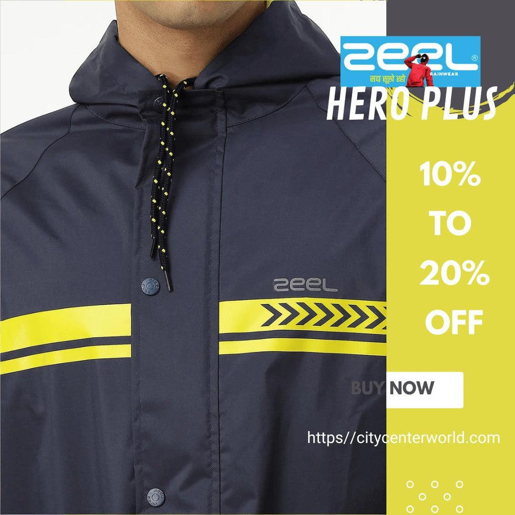 City Center Zeel Premium Parachute Raincoat in navy blue with yellow reflective stripes and adjustable hood