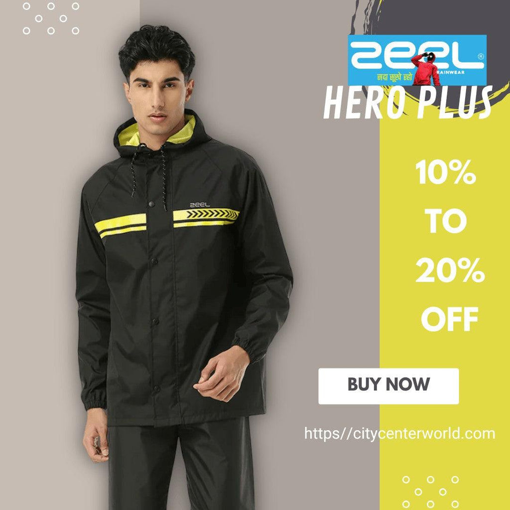 City Center Zeel Premium Parachute Raincoat Hero Plus in black with yellow reflective stripes and adjustable hood