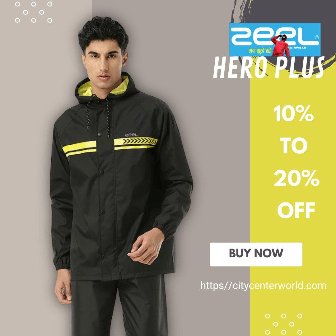 City Center Zeel Premium Parachute Raincoat Hero Plus in black with yellow reflective stripes and adjustable hood