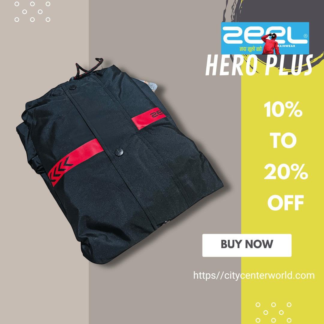 City Center Zeel Premium Parachute Raincoat Hero Plus in black with red reflective safety strips and adjustable hood