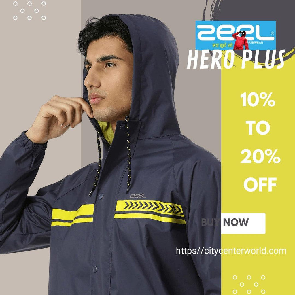 City Center Zeel Premium Parachute Raincoat Hero Plus in navy blue with yellow reflective stripes and adjustable hood