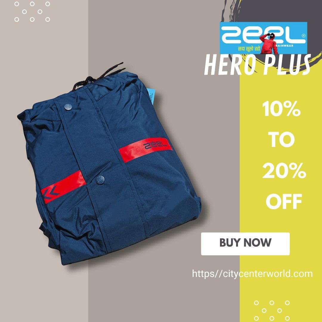 City Center Zeel Premium Parachute Raincoat Hero Plus in navy blue with a red reflective strip and snap buttons.