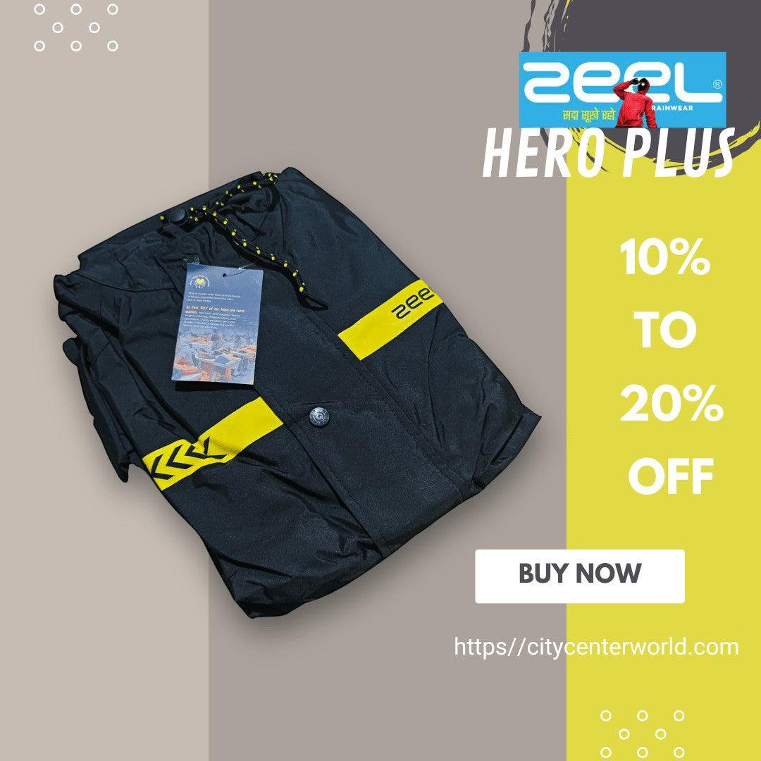 City Center Zeel Premium Parachute Raincoat Hero Plus in black with yellow reflective stripes and adjustable hood