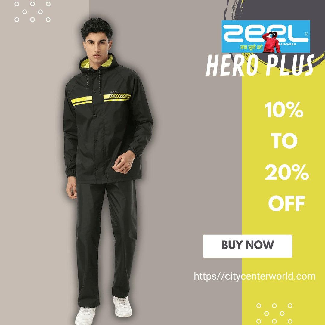 City Center Zeel Premium Parachute Raincoat Hero Plus in black with yellow accents and reflective safety strips