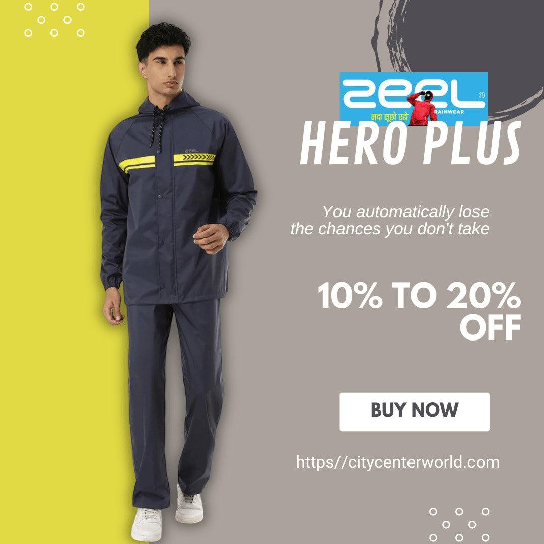 City Center Zeel Premium Parachute Raincoat Hero Plus in navy blue with reflective strips worn by a male model