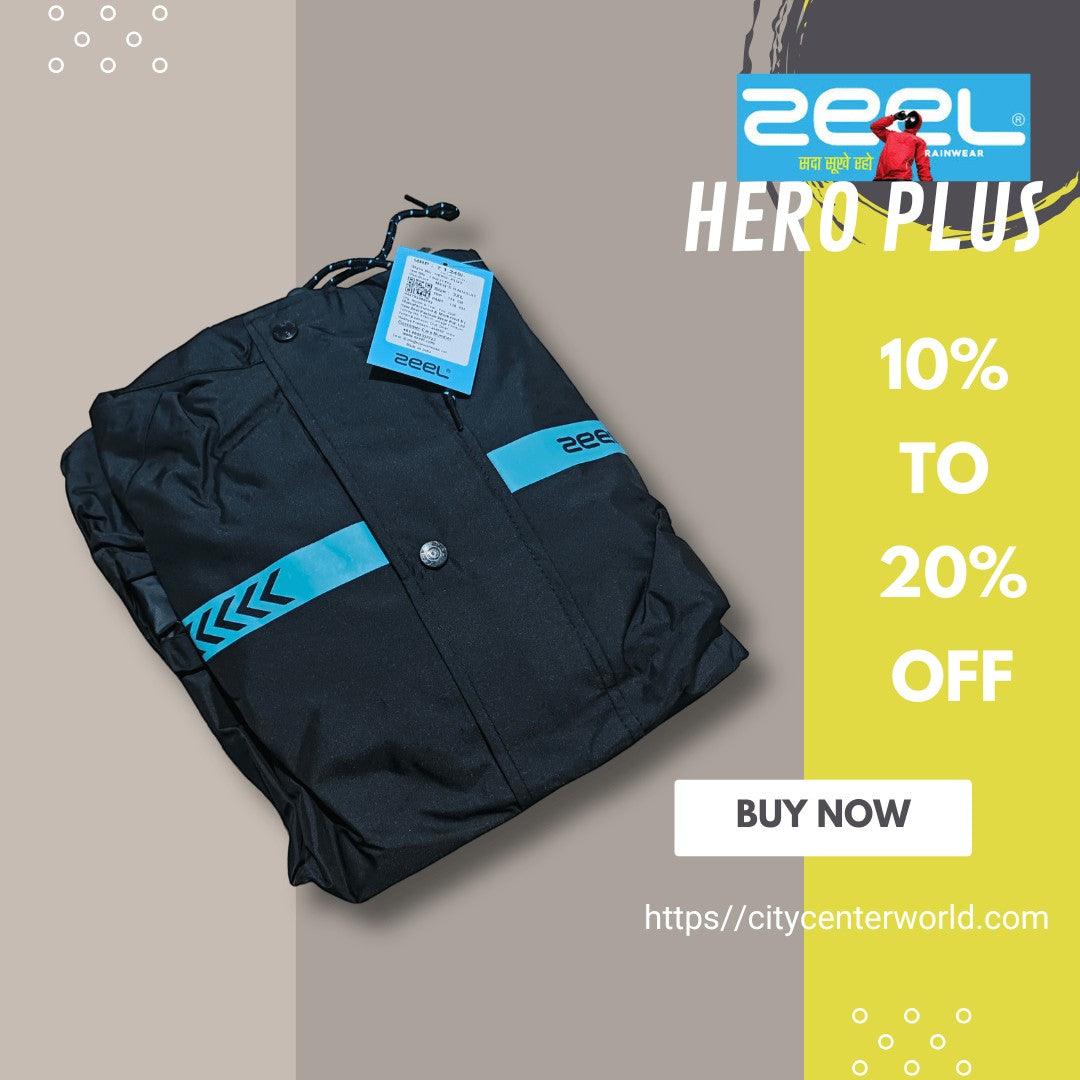 City Center Zeel Premium Parachute Raincoat Hero Plus in black with blue reflective strips and adjustable hood
