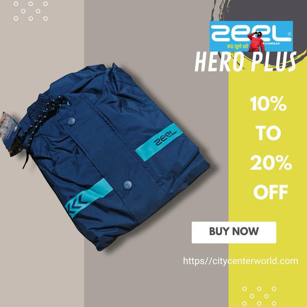 City Center Zeel Premium Parachute Raincoat in navy blue with teal accents and reflective safety detailing.